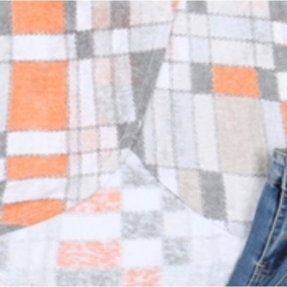 GRAY ORANGE TARTAN geo PRINT Mock KEYHOLE NECKLINE 3/4 SLEEVES tunic TOP, NEW! - Picture 5 of 5